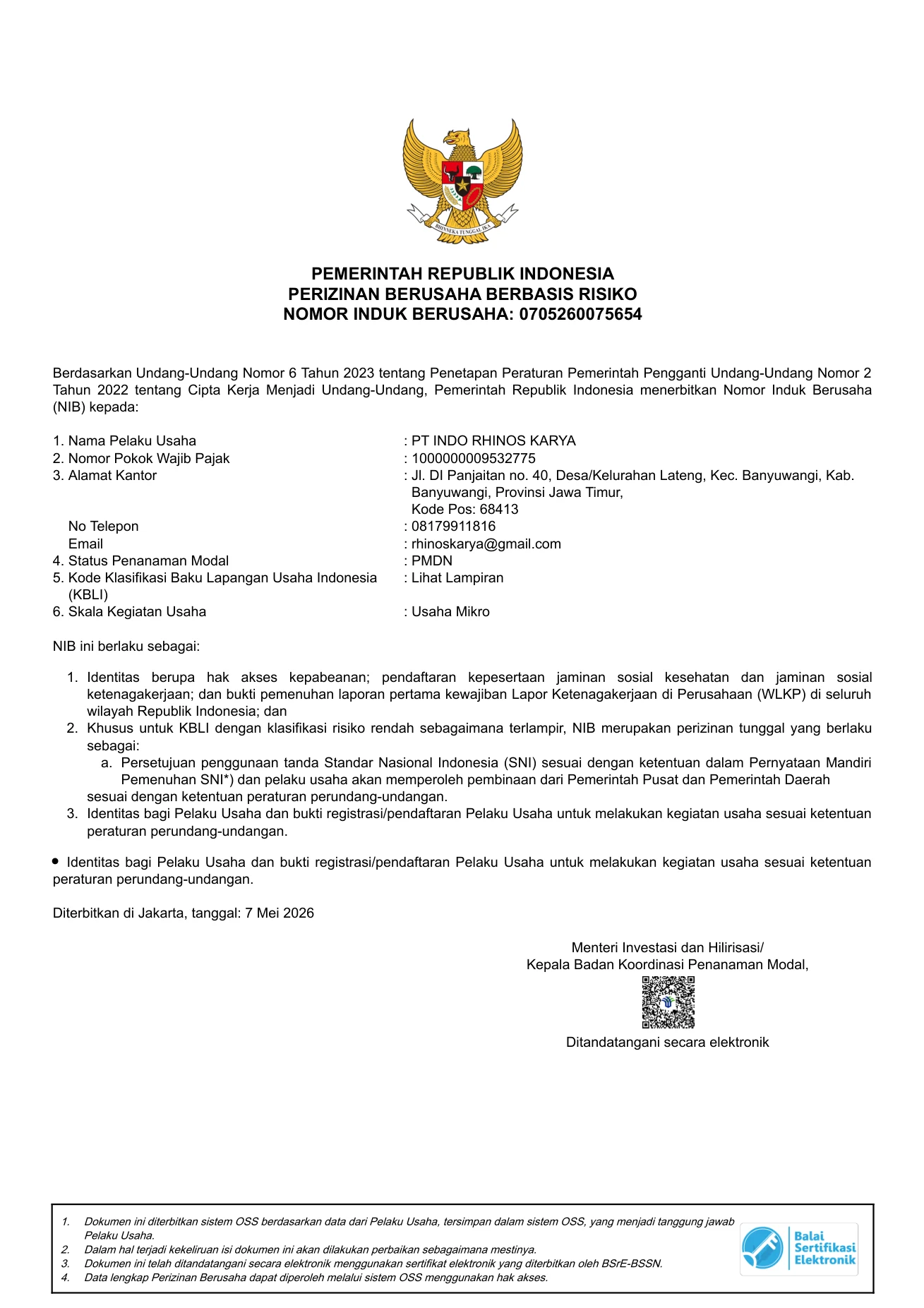 Halaman pertama NIB PT Indo Rhinos Karya